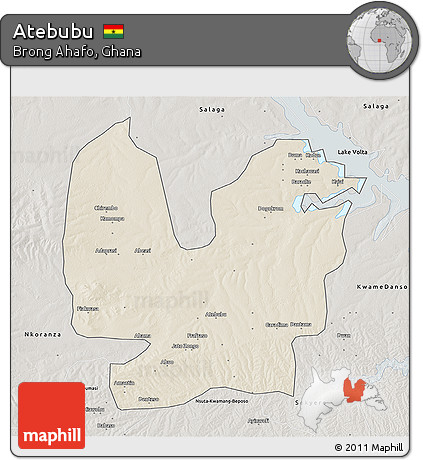 Shaded Relief 3D Map of Atebubu, semi-desaturated
