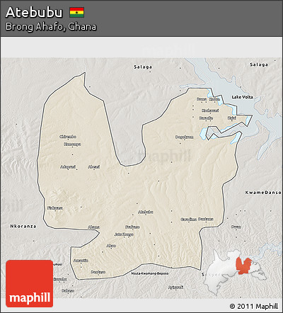 Shaded Relief 3D Map of Atebubu, semi-desaturated
