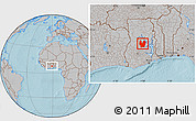 Gray Location Map of Atebubu, within the entire country, hill shading