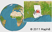 Satellite Location Map of Atebubu, highlighted country, highlighted parent region, within the entire country