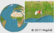 Satellite Location Map of Atebubu, highlighted parent region, within the entire country