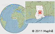 Savanna Style Location Map of Atebubu, highlighted country, within the entire country, hill shading