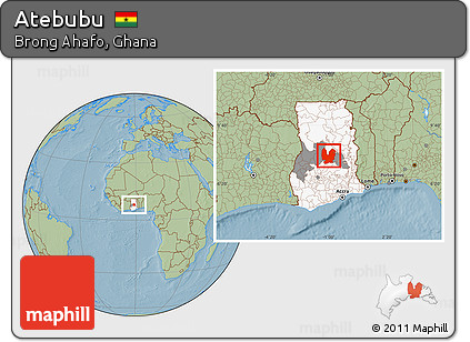 Savanna Style Location Map of Atebubu, highlighted country, highlighted parent region, hill shading