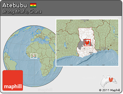 Savanna Style Location Map of Atebubu, highlighted country, highlighted parent region, hill shading