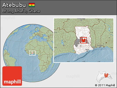 Savanna Style Location Map of Atebubu, highlighted country, highlighted parent region, hill shading