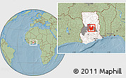 Savanna Style Location Map of Atebubu, highlighted country, highlighted parent region, hill shading