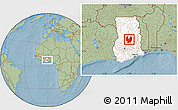 Savanna Style Location Map of Atebubu, highlighted country, hill shading