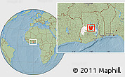 Savanna Style Location Map of Atebubu, highlighted parent region, within the entire country, hill shading