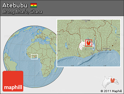 Savanna Style Location Map of Atebubu, highlighted parent region, hill shading