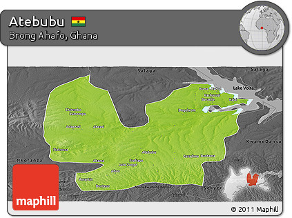Physical Panoramic Map of Atebubu, darken, desaturated