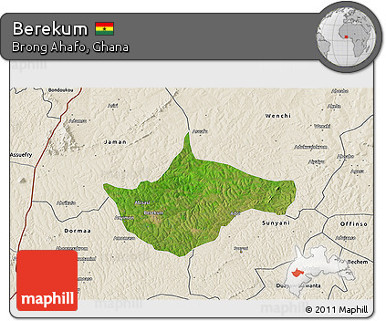 Satellite 3D Map of Berekum, shaded relief outside