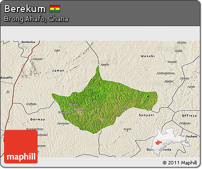Satellite 3D Map of Berekum, shaded relief outside