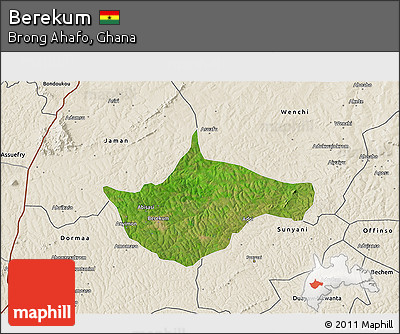 Satellite 3D Map of Berekum, shaded relief outside