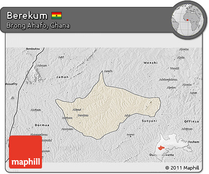 Shaded Relief 3D Map of Berekum, desaturated