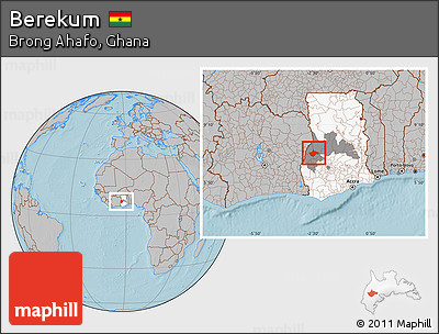Gray Location Map of Berekum, highlighted country, highlighted parent region, hill shading