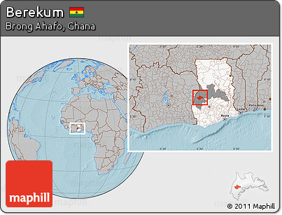 Gray Location Map of Berekum, highlighted country, highlighted parent region, hill shading