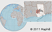 Gray Location Map of Berekum, highlighted country, highlighted parent region, hill shading