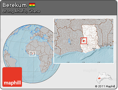 Gray Location Map of Berekum, highlighted country, hill shading