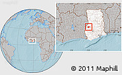 Gray Location Map of Berekum, highlighted country, hill shading