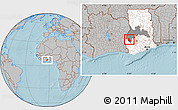 Gray Location Map of Goaso, highlighted country, highlighted parent region, hill shading