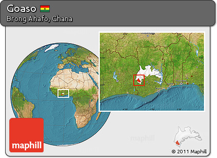 Satellite Location Map of Goaso, highlighted parent region, within the entire country