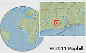 Savanna Style Location Map of Goaso, within the entire country, hill shading