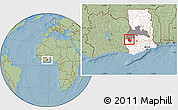 Savanna Style Location Map of Goaso, highlighted country, highlighted parent region, hill shading