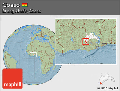 Savanna Style Location Map of Goaso, highlighted parent region, hill shading