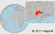 Gray Location Map of Brong Ahafo, within the entire country, hill shading
