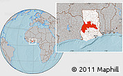 Gray Location Map of Brong Ahafo, highlighted country, hill shading
