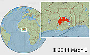 Savanna Style Location Map of Brong Ahafo, within the entire country, hill shading