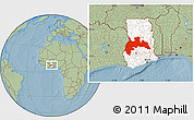 Savanna Style Location Map of Brong Ahafo, highlighted country, within the entire country, hill shading