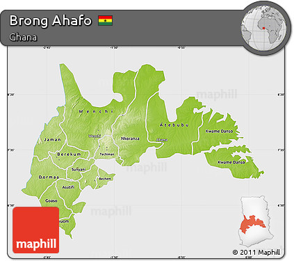 Physical Map of Brong Ahafo, single color outside