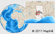 Shaded Relief Location Map of Techiman, highlighted country, highlighted parent region, within the entire country