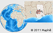 Shaded Relief Location Map of Techiman, highlighted country, highlighted parent region