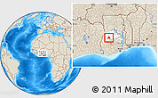 Shaded Relief Location Map of Techiman, highlighted parent region, within the entire country