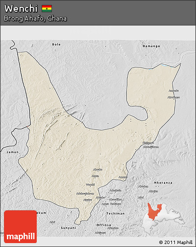 Shaded Relief 3D Map of Wenchi, desaturated