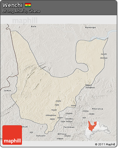 Shaded Relief 3D Map of Wenchi, semi-desaturated