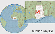 Savanna Style Location Map of Wenchi, highlighted country, within the entire country, hill shading