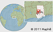 Savanna Style Location Map of Wenchi, highlighted country, highlighted parent region, hill shading