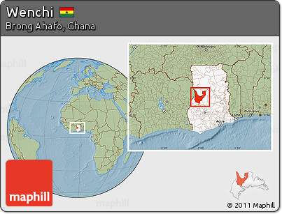 Savanna Style Location Map of Wenchi, highlighted country, hill shading