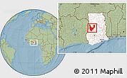 Savanna Style Location Map of Wenchi, highlighted country, hill shading