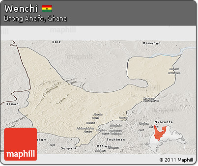 Shaded Relief Panoramic Map of Wenchi, semi-desaturated