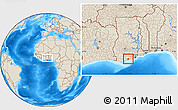 Shaded Relief Location Map of Abura, within the entire country
