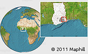 Satellite Location Map of Akwamu-Anum-Boso, highlighted country, highlighted parent region