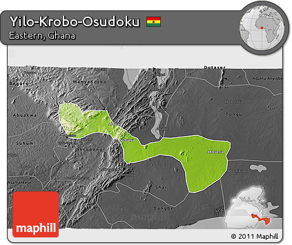 Physical 3D Map of Yilo-Krobo-Osudoku, darken, desaturated