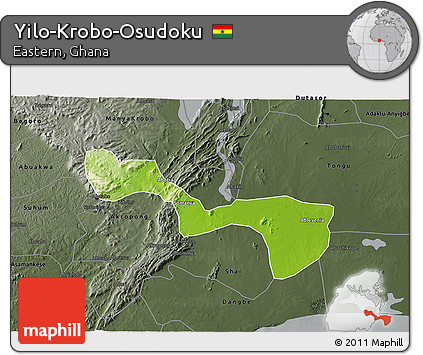 Physical 3D Map of Yilo-Krobo-Osudoku, darken, semi-desaturated