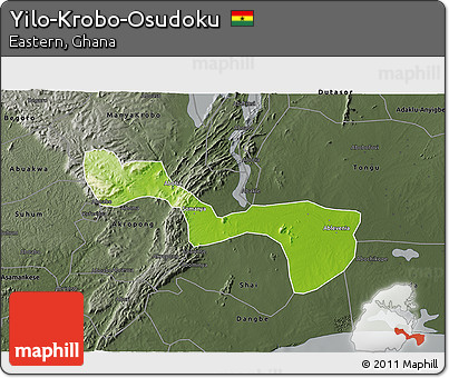 Physical 3D Map of Yilo-Krobo-Osudoku, darken, semi-desaturated