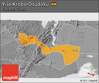 Political 3D Map of Yilo-Krobo-Osudoku, desaturated