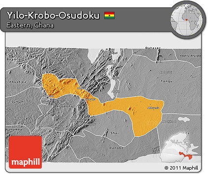 Political 3D Map of Yilo-Krobo-Osudoku, desaturated